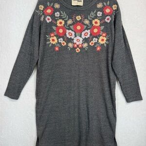 Savanna Jane Sweater Dress Women Large Gray Floral Embroidered Boho Cabincore